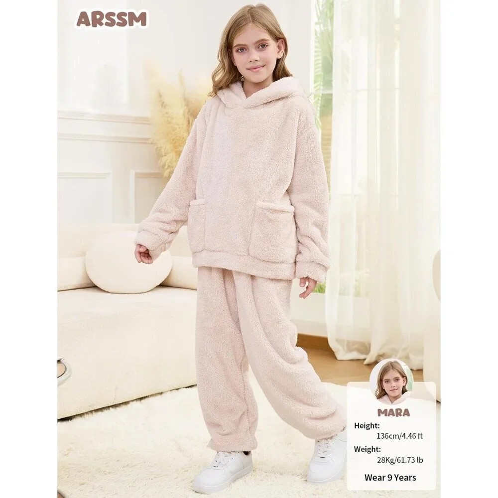 Girl Pants Sets Two Pieces Outfit Kids Bear Ear Fuzzy Fluffy Hoodie Sweatshirt w